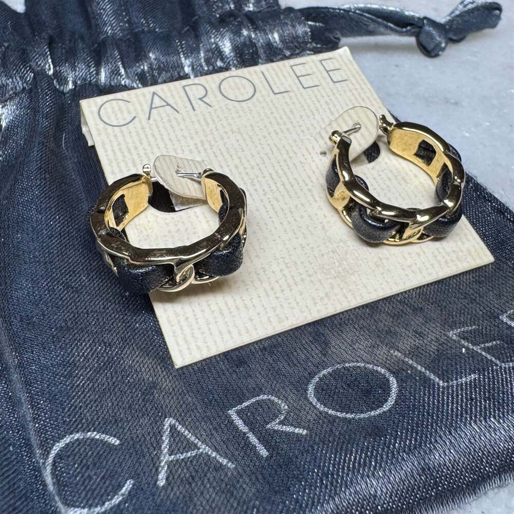 Vintage Carolee Gold-Tone and Black Leather Woven Chain Hoop Earrings